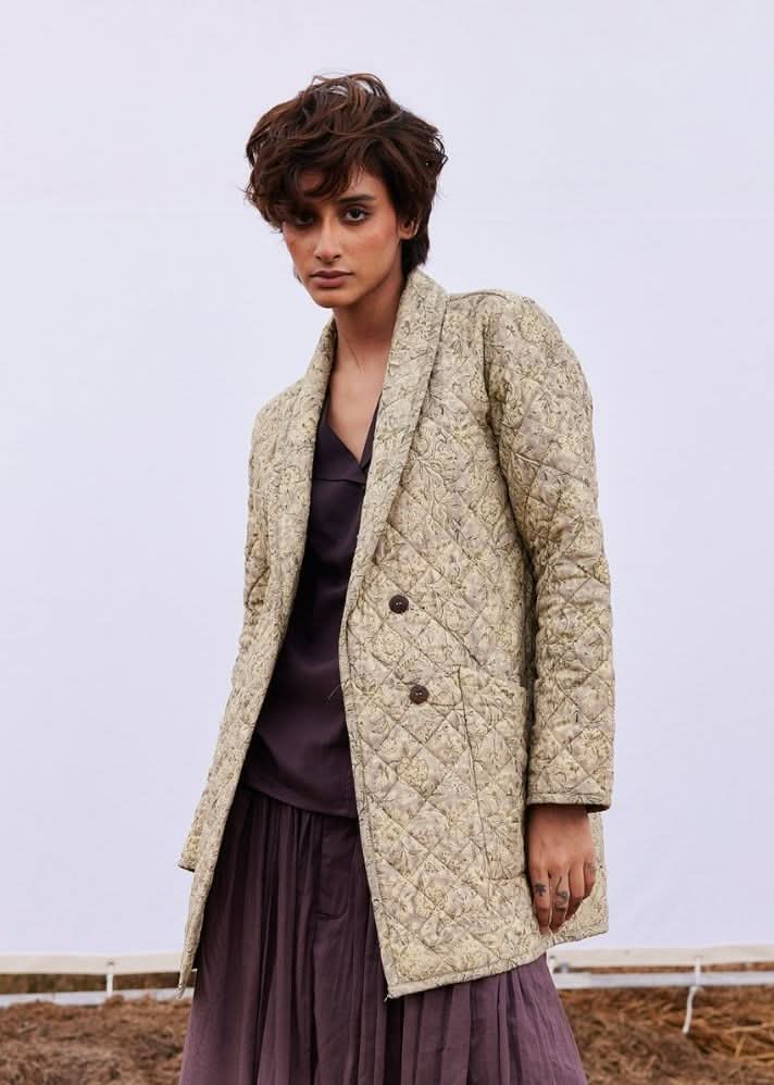 A Model Wearing Beige Pure Cotton Stone Floral Jacket curated by Only Ethikal