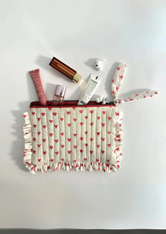 Sustainable Quilted Cotton Travel Pouch Flat Frill- Organizer- Red Hearts On White