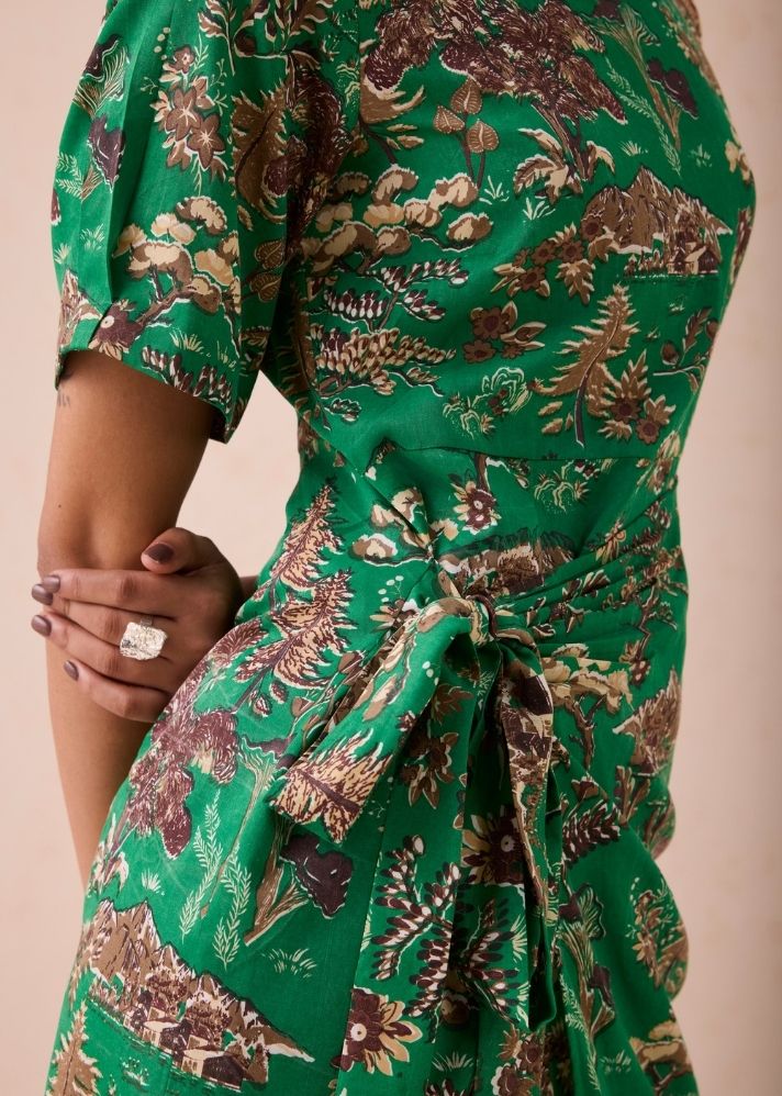 A Model Wearing Green Tencel Green Fields Tencel Wrap Dress, curated by Only Ethikal