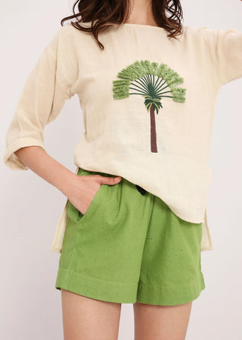 Green Textured Cotton Dotted Shorts