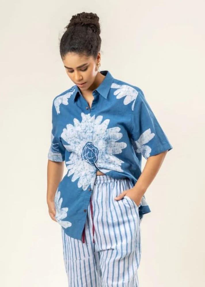 A Model Wearing Blue Upcycled Cotton Martin Unisex Shirt, curated by Only Ethikal