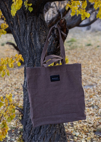 A Model Wearing Brown Cotton Canvas Ash Brown Bakhor AppliquÃ© Canvas Tote, curated by Only Ethikal