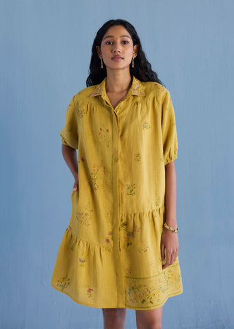 Sia Hand-Embroidered Floral Dress - Ochre