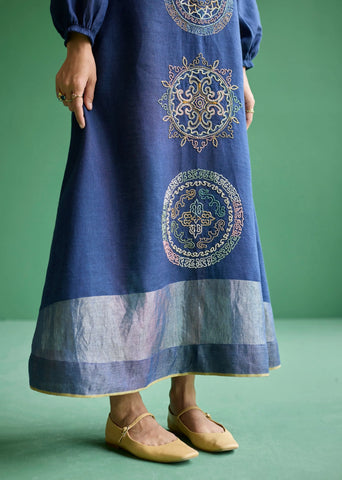 Eira Hand-Embroidered Linen Dress- Navy