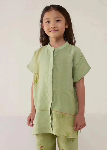 Kids Aboli Patchwork Linen Shirt- Mint