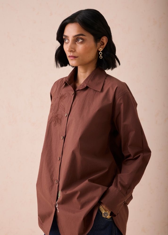 A Model Wearing Brown Poplin The Rise Organic Cotton Shirt, curated by Only Ethikal