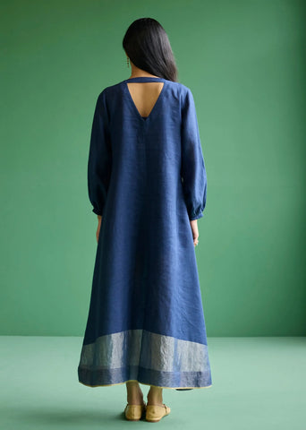 Eira Hand-Embroidered Linen Dress- Navy