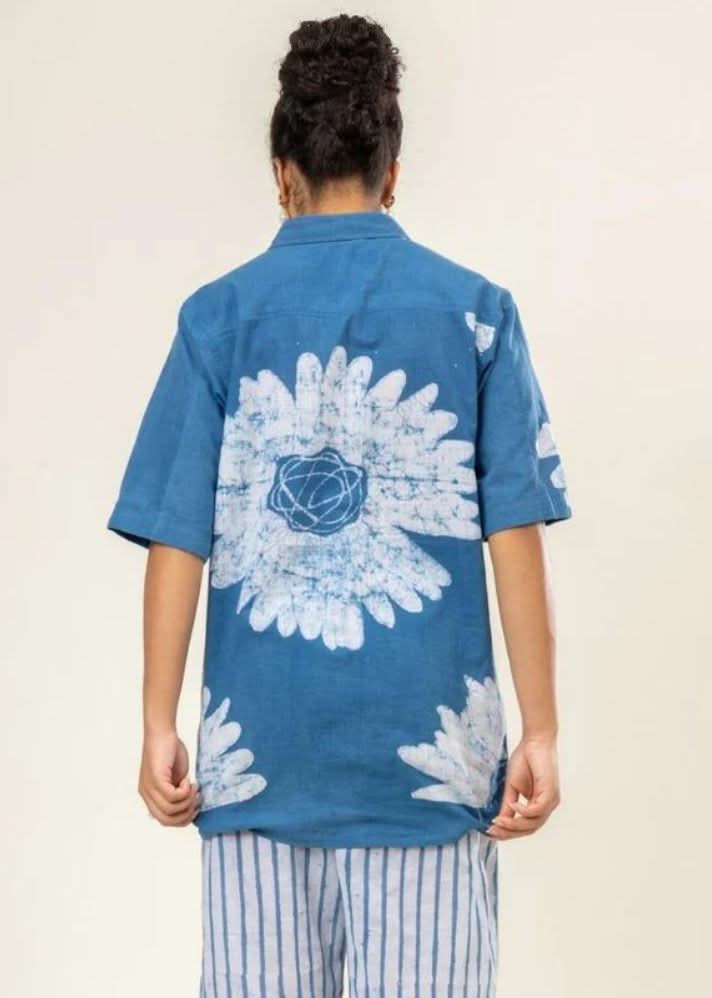 A Model Wearing Blue Upcycled Cotton Martin Unisex Shirt, curated by Only Ethikal