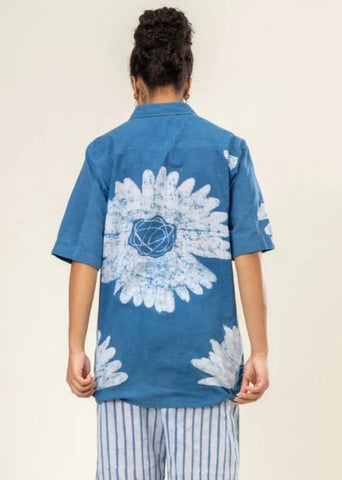 A Model Wearing Blue Upcycled Cotton Martin Unisex Shirt, curated by Only Ethikal