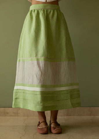 Ora Pleated Border Linen Skirt- Meadow