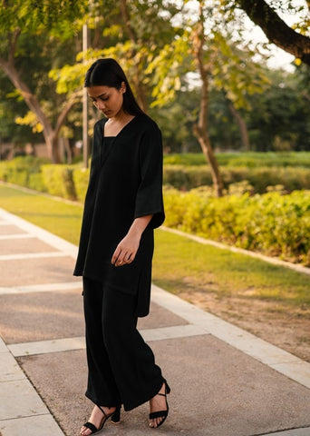 A Model Wearing Black Wool Dark Dimension Set, curated by Only Ethikal