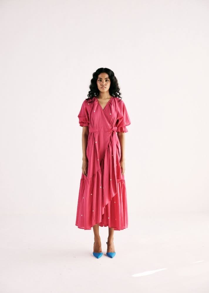 A Model Wearing Pink Cotton Mul Pink Polka Wrap curated by Only Ethikal