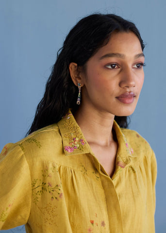 Sia Hand-Embroidered Floral Dress - Ochre