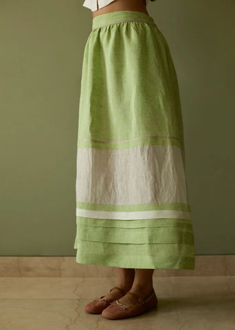 Ora Pleated Border Linen Skirt- Meadow