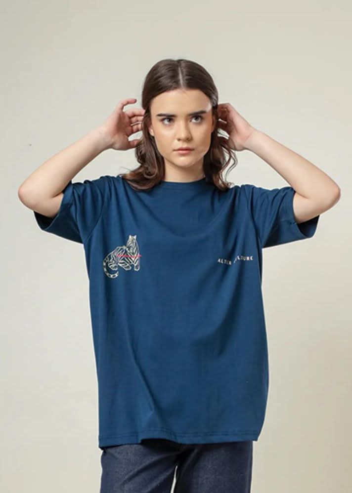 A Model Wearing Blue Organic Cotton Blue Alter Culture T-Shirt, curated by Only Ethikal