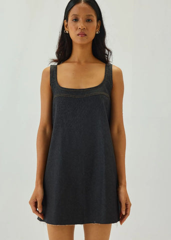Denim Scoop-Neck Graphite Relaxed Mini Dress