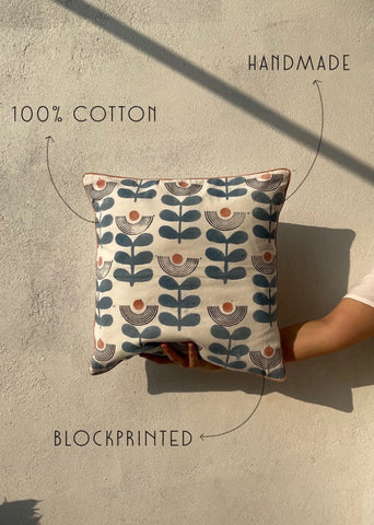 Mid-Modern Floral Block Printed Cotton Cushion Cover