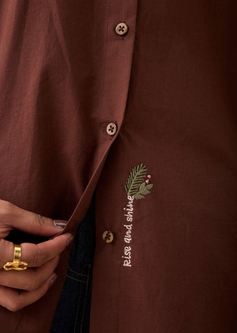 A Model Wearing Brown Poplin The Rise Organic Cotton Shirt, curated by Only Ethikal