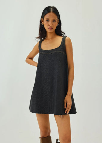 Denim Scoop-Neck Graphite Relaxed Mini Dress