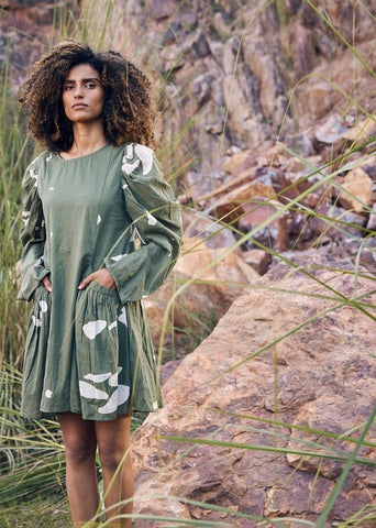 A Model Wearing Green Pure Cotton The Sense Dress curated by Only Ethikal