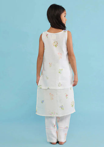 Kids Aneya Patchwork Floral Linen Kurta- White