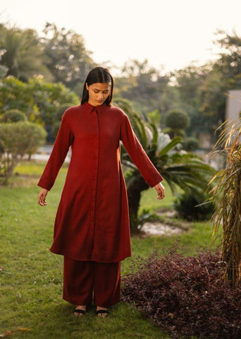 A Model Wearing Brown Wool Aleeza Tunic - Maroon, curated by Only Ethikal