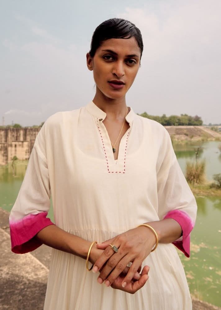 A Model Wearing Grey Pure Cotton Pepla Dress curated by Only Ethikal