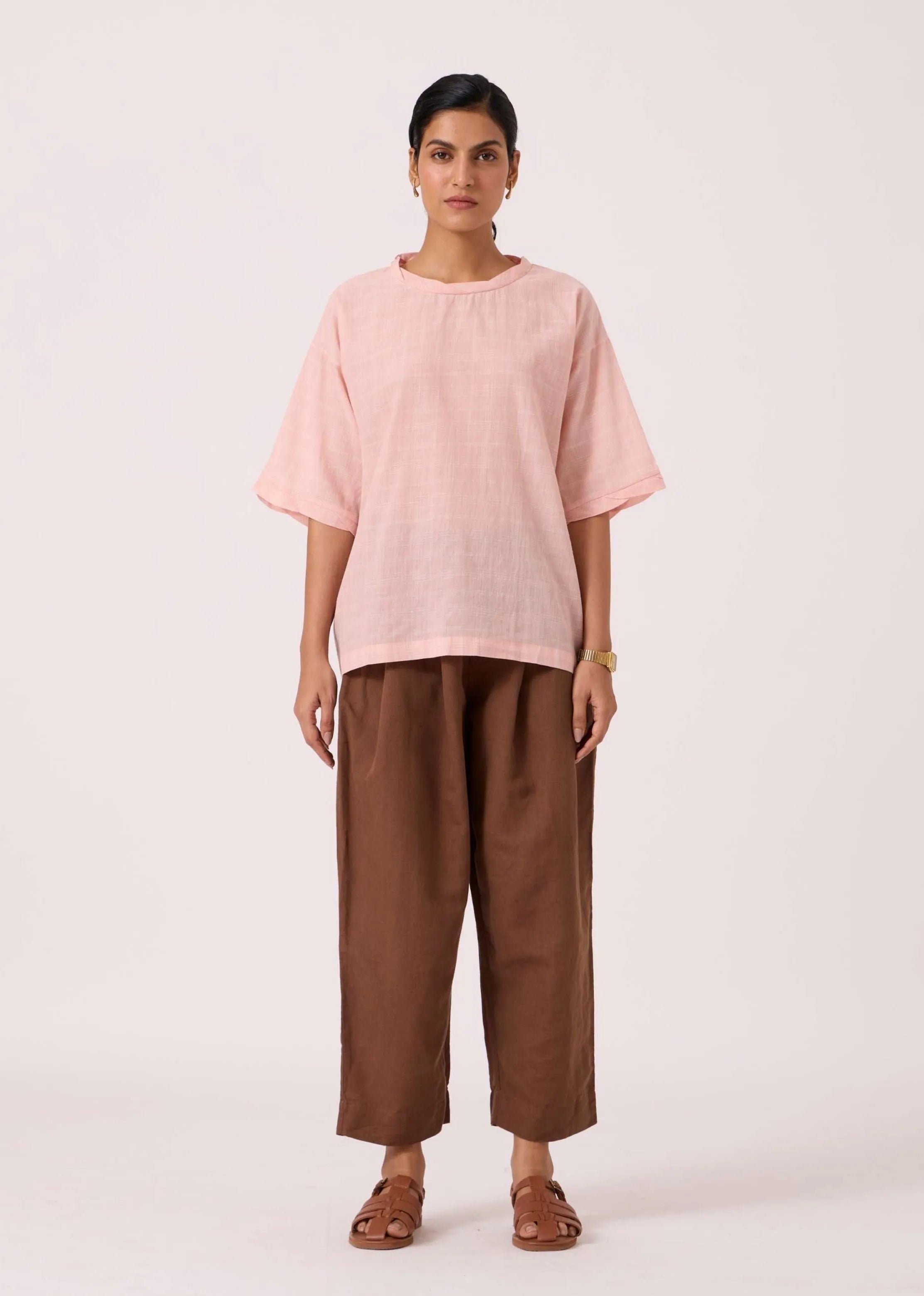 A Model Wearing Multicolor Handwoven Cotton Laurie Pink Handwoven Top, curated by Only Ethikal