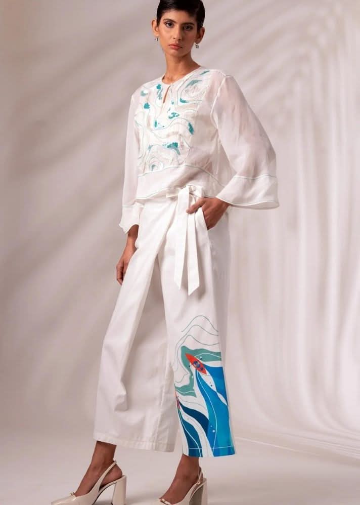 A Model Wearing White Cotton Twill Ruben Top + Bengal Pants Co-Ord Set, curated by Only Ethikal