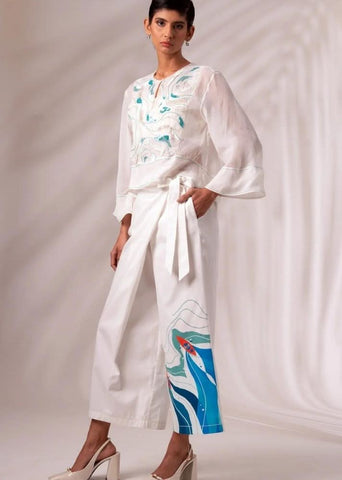 A Model Wearing White Cotton Twill Ruben Top + Bengal Pants Co-Ord Set, curated by Only Ethikal