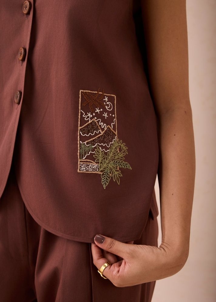 A Model Wearing Brown Cotton Twill The Bright Beginnings Organic Cotton Waistcoat, curated by Only Ethikal