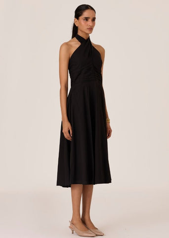 A Model Wearing Black Organic Cotton Samaria Black Halter Dress , curated by Only Ethikal