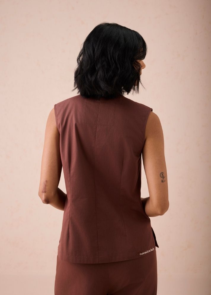A Model Wearing Brown Cotton Twill The Bright Beginnings Organic Cotton Waistcoat, curated by Only Ethikal