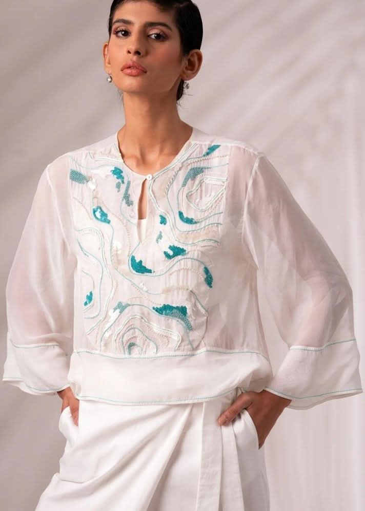 A Model Wearing White Cotton Twill Ruben Top + Bengal Pants Co-Ord Set, curated by Only Ethikal