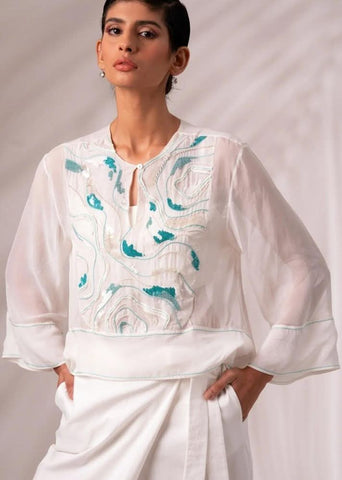 A Model Wearing White Cotton Twill Ruben Top + Bengal Pants Co-Ord Set, curated by Only Ethikal