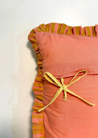 Stripe Break Cotton Ruffle Cushion Cover- Mustard & Peach