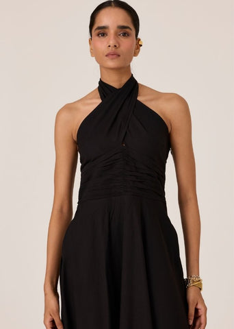 A Model Wearing Black Organic Cotton Samaria Black Halter Dress , curated by Only Ethikal