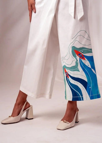 A Model Wearing White Cotton Twill Ruben Top + Bengal Pants Co-Ord Set, curated by Only Ethikal