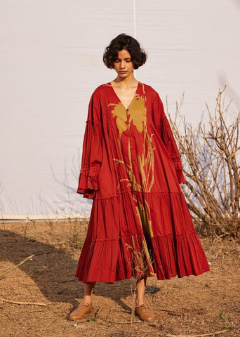 A Model Wearing Red Cotton Mul Mahogany curated by Only Ethikal