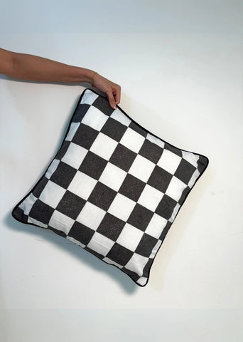 Classic Checks Cotton Block Printed Cushion Cover- Black & White