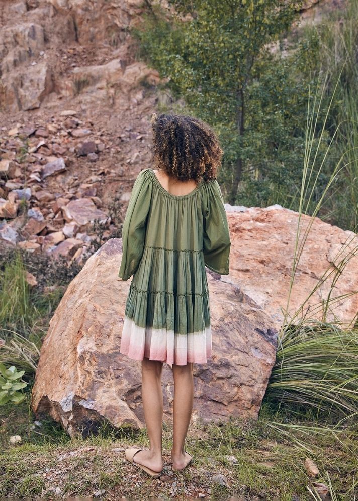 A Model Wearing Green Pure Cotton Afar Times Dress curated by Only Ethikal