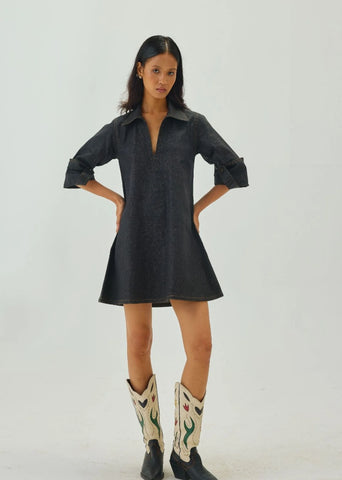 Denim V-Neck Collar A-Line Mini Dress