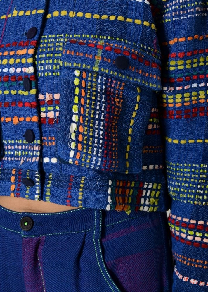 A Model Wearing Multicolor Handwoven Cotton Recycle Ashai Jacket, curated by Only Ethikal