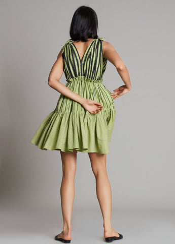 A Model Wearing  Green Pure Cotton Lakeerein Green Frill Dress, curated by Only Ethikal