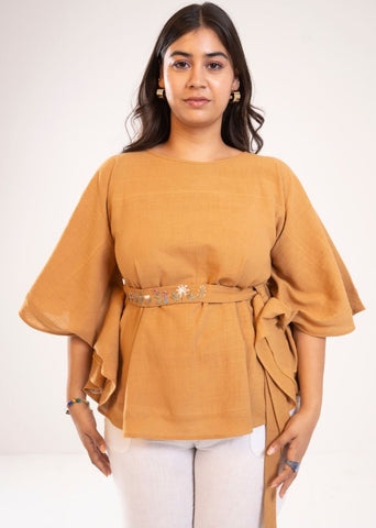A Model Wearing Yellow Handwoven Cotton The Dawn Garden Top, curated by Only Ethikal