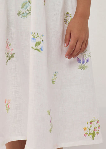 Kids Rasa Floral Printed Linen Dress- White