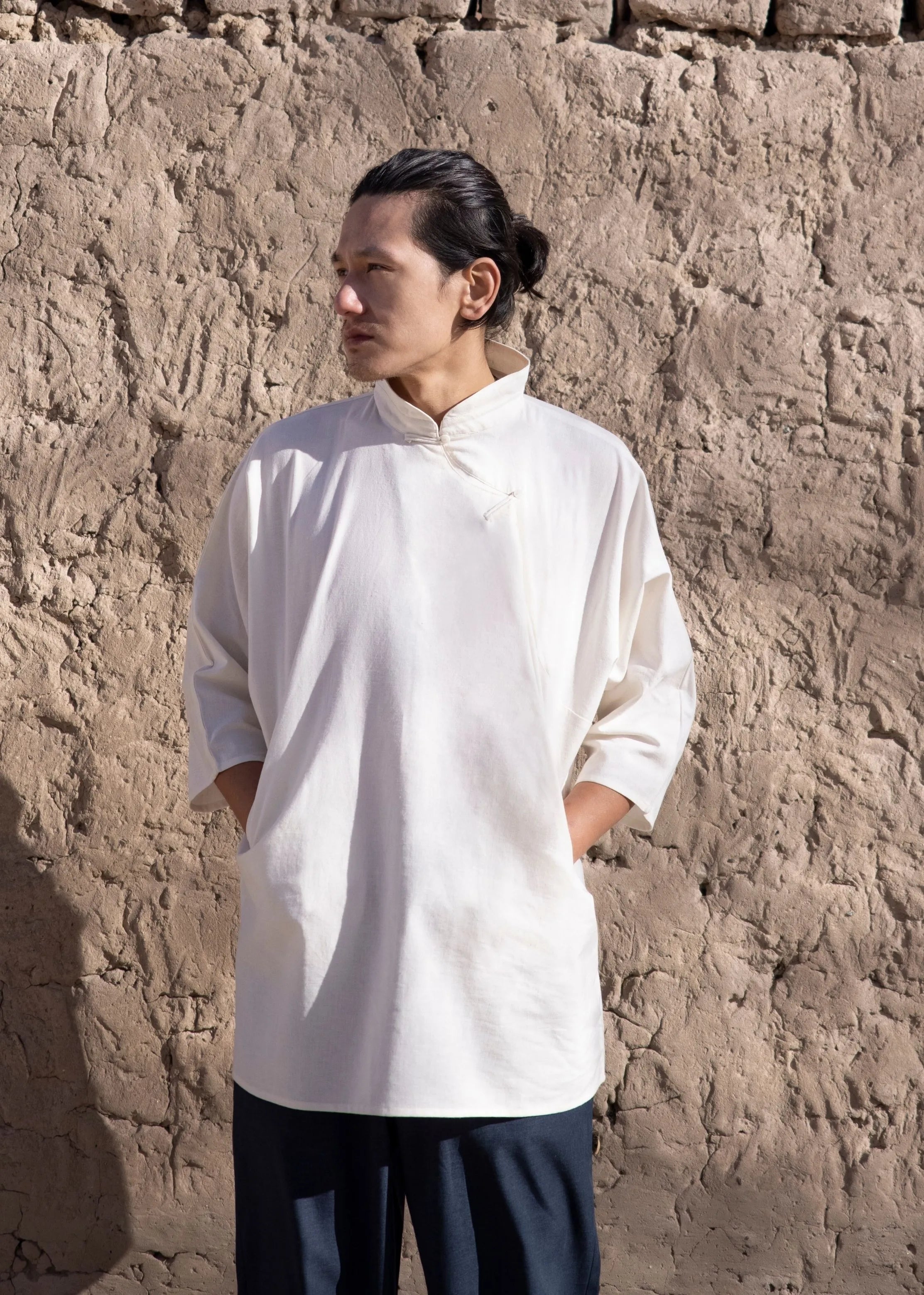 A Model Wearing Off-White Cotton Linen Off White Cotton Linen Karma Shirt, curated by Only Ethikal