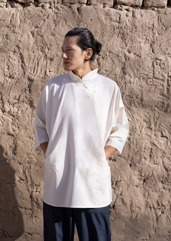 A Model Wearing Off-White Cotton Linen Off White Cotton Linen Karma Shirt, curated by Only Ethikal