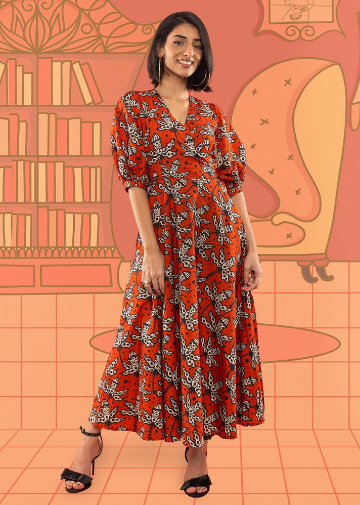 A Model Wearing Red Cotton Suzy Wrap Dress, curated by Only Ethikal