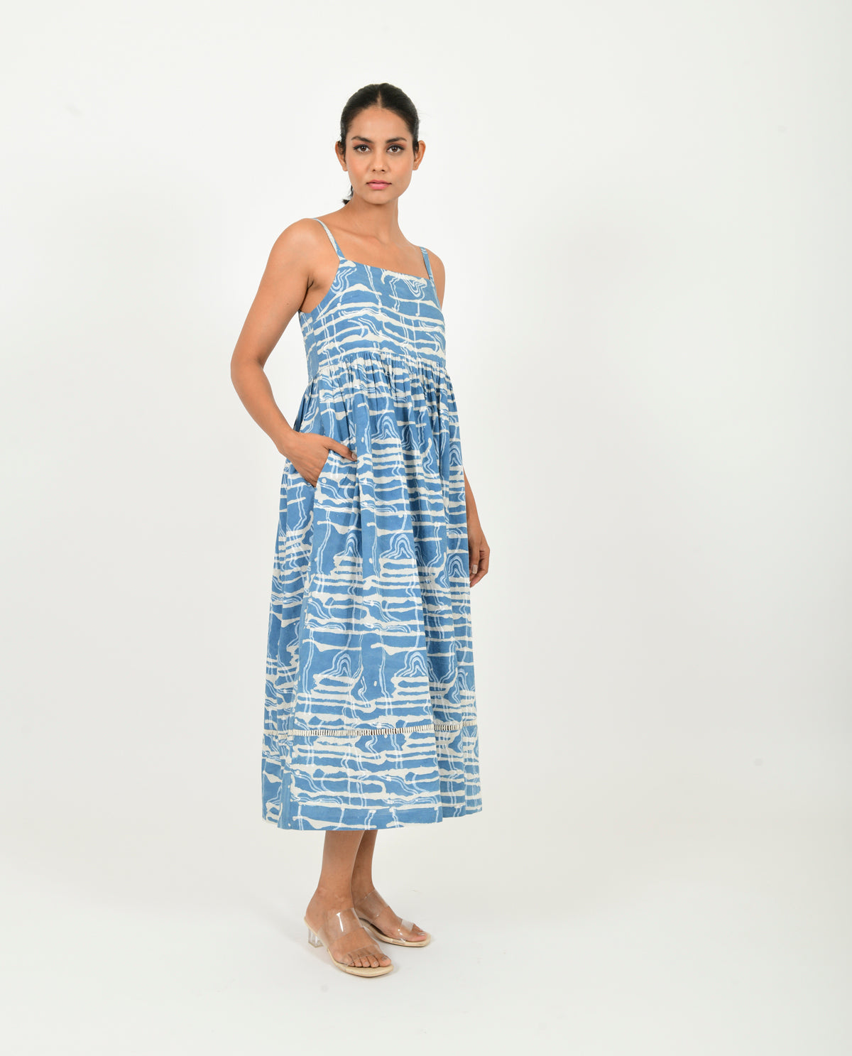 A Model Wearing Blue Organic Cotton Indigo Splash Gather Dress , curated by Only Ethikal